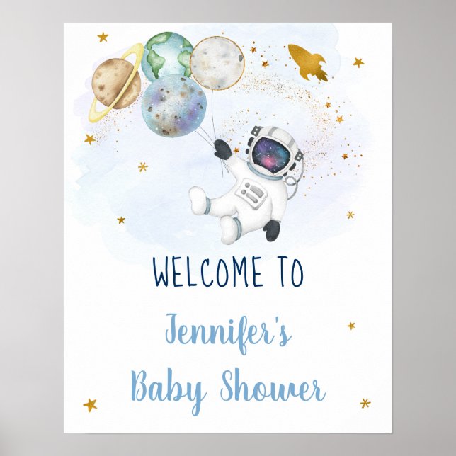 Poster Bienvenue au Baby shower spatial en or bleu astron (Devant)
