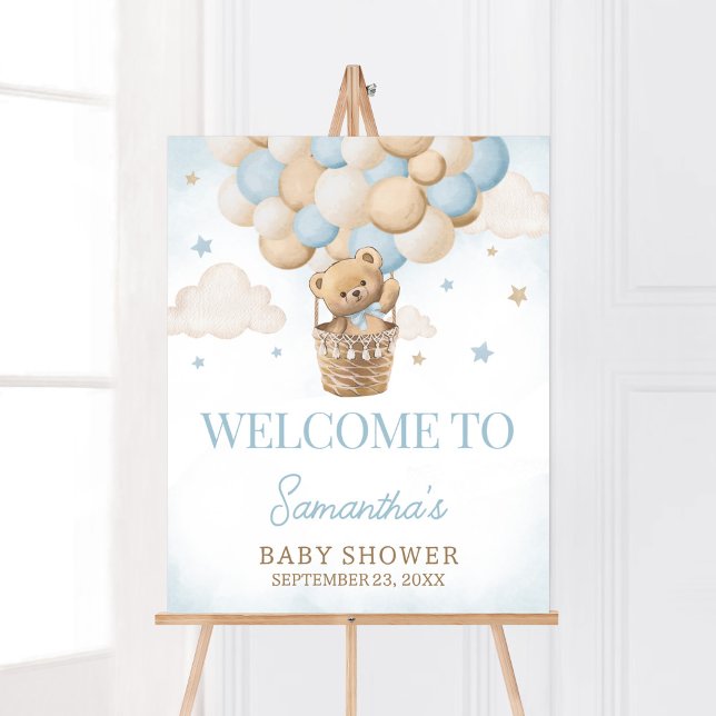 Poster Bienvenue au ballon à air chaud Teddy Bear (Boho Blue Bear Baby Shower Welcome Sign)