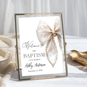 Poster Bienvenue au baptême au ruban blanc perle