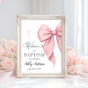Poster Bienvenue au baptême au ruban rose perle