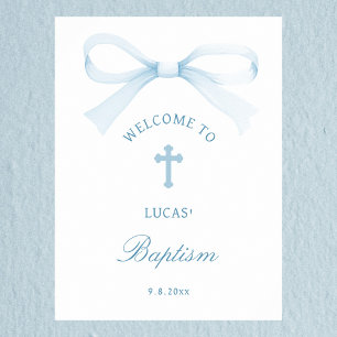 Poster Bienvenue au baptême avec un nœud bleu aquarelle