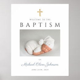 Poster Bienvenue au baptême garçon croix bleu poussiéreux