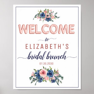 Poster Bienvenue au brunch de mariage floral Navy Blush R