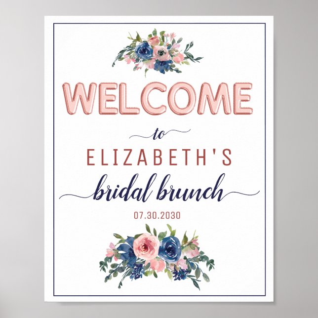 Poster Bienvenue au brunch de mariage floral Navy Blush R (Devant)