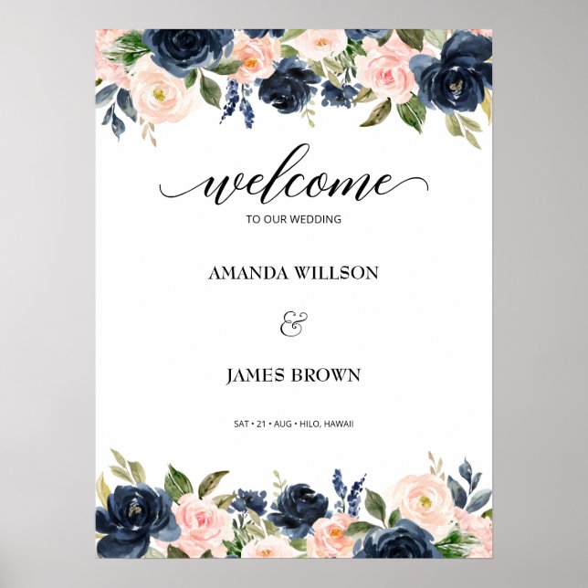 Poster Bienvenue au Mariage Blush Navy Blossom (Devant)