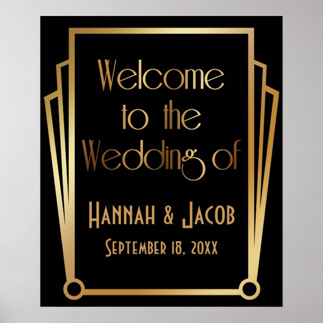 Poster Bienvenue au Mariage de Black Gold Art Deco Sign (Devant)