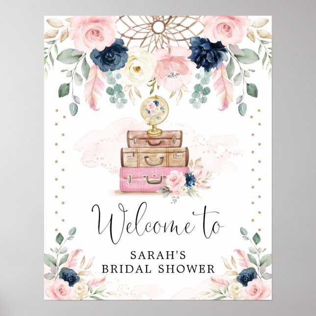 Poster Bienvenue au Mariage de Voyage Bohème Navy Rose (Devant)