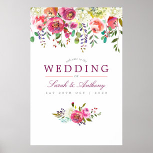 Poster Bienvenue au mariage floral aquarelle prune et pêc