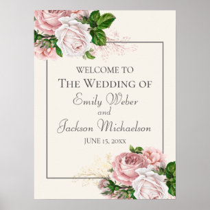 Poster Bienvenue au mariage floral aquarelle rose et crèm
