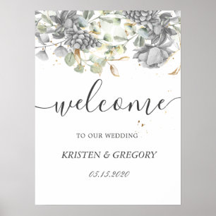 Poster Bienvenue au mariage floral argent or dramatique