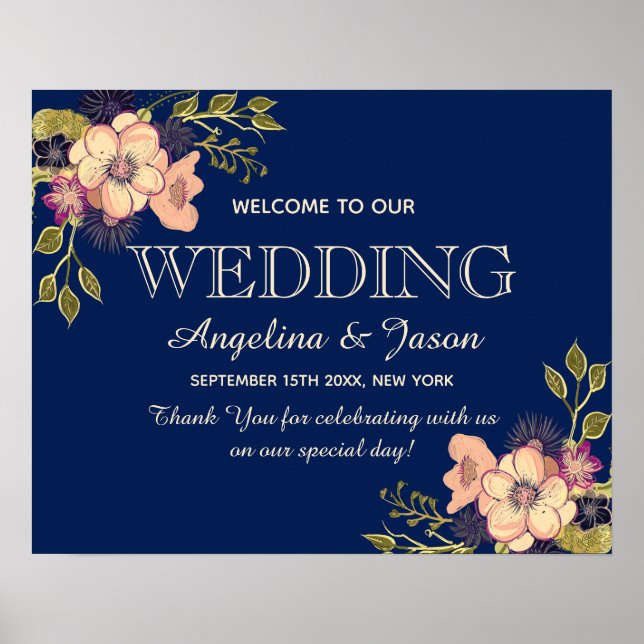 Poster Bienvenue au mariage floral bleu marine (Devant)