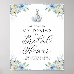 Poster Bienvenue au mariage floral bleu nautique