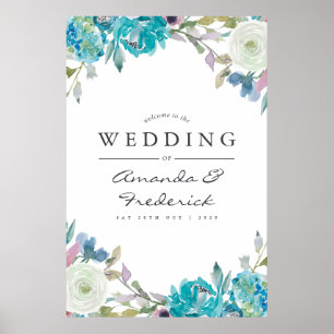 Poster Bienvenue au mariage floral bleu poussiéreux et tu