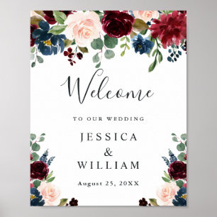 Poster Bienvenue au mariage floral Burgundy Navy Blush