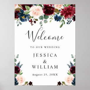Poster Bienvenue au mariage floral Burgundy Navy Blush