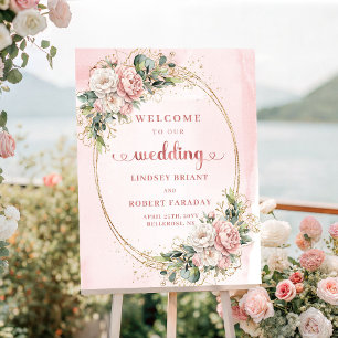 Poster Bienvenue au mariage floral rose Bohemian Blush