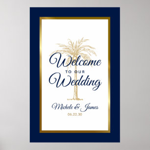 Poster Bienvenue au Mariage Navy Blue Gold Palm Tree