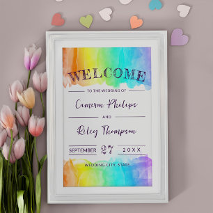 Poster Bienvenue au Mariage Rainbow Watercolor Splash LGB