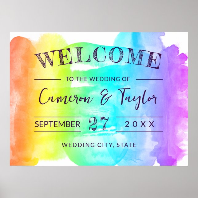 Poster Bienvenue au Mariage Rainbow Watercolor Splash LGB (Devant)