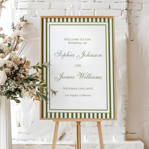Poster Bienvenue au mariage rayé vert olive Old Money