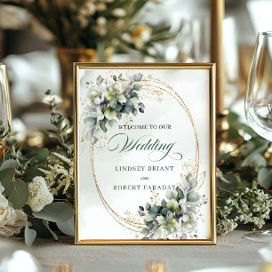 Poster Bienvenue au mariage sur table en vert sauge boho 