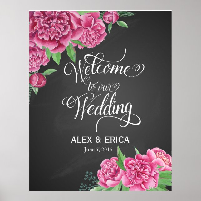 Poster bienvenue au panneau rose mariage peony (Devant)