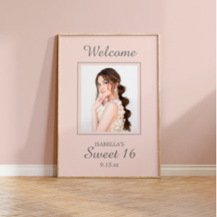Poster Bienvenue au Sweet 16 Rose Pâle avec Nom et Photo