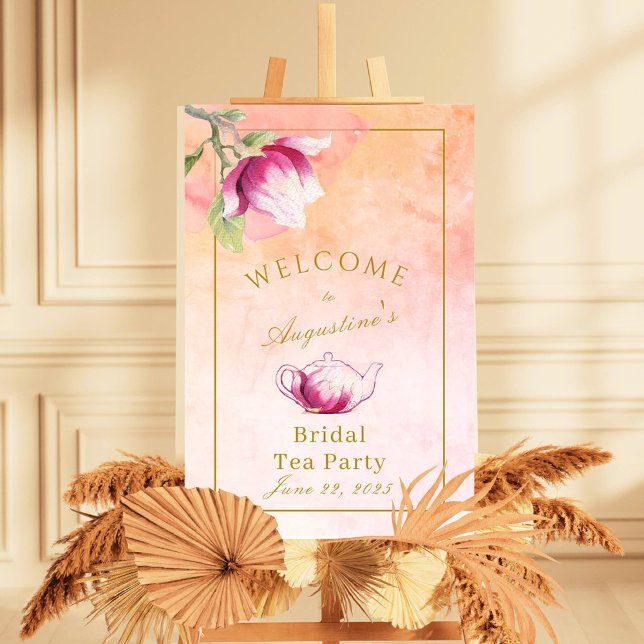 Poster Bienvenue au thé de mariée Peach et Pink Magnolia (Welcome to the Peach and Pink Bridal Tea)