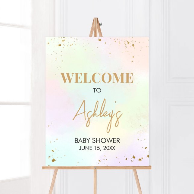Poster Bienvenue Baby shower arc-en-ciel aquarelle (Pastel Gold Sprinkle Baby Shower Welcome Sign)