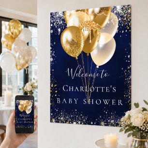 Poster Bienvenue ballons bleus marine et or pour Baby Sho