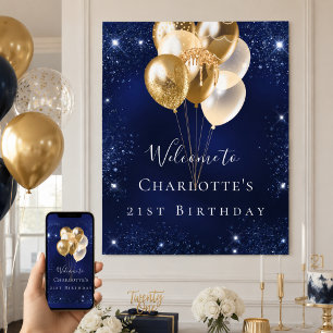 Poster Bienvenue ballons pailletés bleu marine or pour an