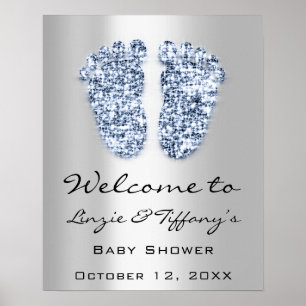 Poster Bienvenue Bébé Bleu Pieds Baby Shower Garçon Argen