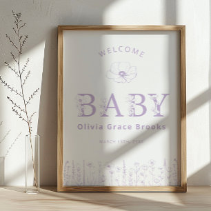 Poster Bienvenue Bébé Fleur Sauvage Baby Shower Lavande