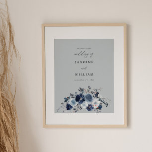 Poster Bienvenue Bleu & Navy Floral Mariage - Gris Bleu