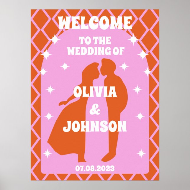 Poster Bienvenue Bold rose orange rétro Boho Arch Mariage (Devant)
