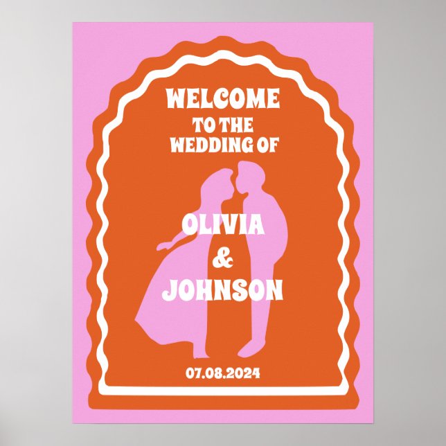 Poster Bienvenue Bold Rose Orange Retro Wavy Arch Mariage (Devant)