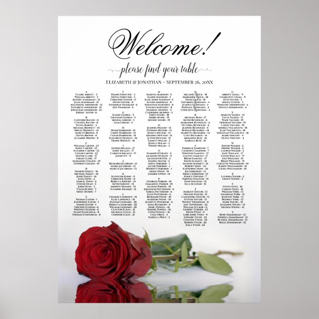 Poster Bienvenue ! Carte de siège alphabétique Rose rouge (Devant)