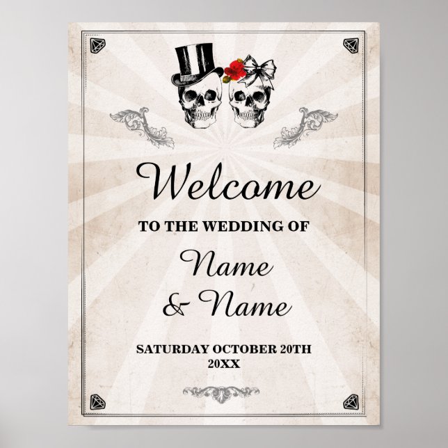 Poster Bienvenue Crâne Rustique Halloween Signet Mariage  (Devant)