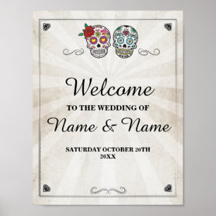 Poster Bienvenue Crânes de Sucre Signe Halloween Mariage