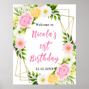 Poster Bienvenue d'anniversaire avec fleurs roses et jaun