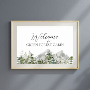 Poster Bienvenue dans la forêt de pins verte aquarelle