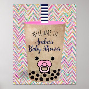 Poster Bienvenue dans le Baby shower à thé Boba rose insp