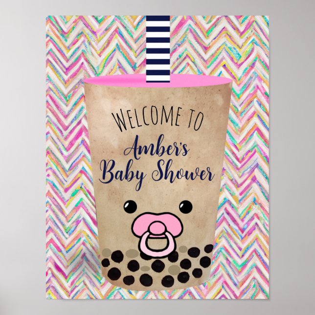 Poster Bienvenue dans le Baby shower à thé Boba rose insp (Devant)