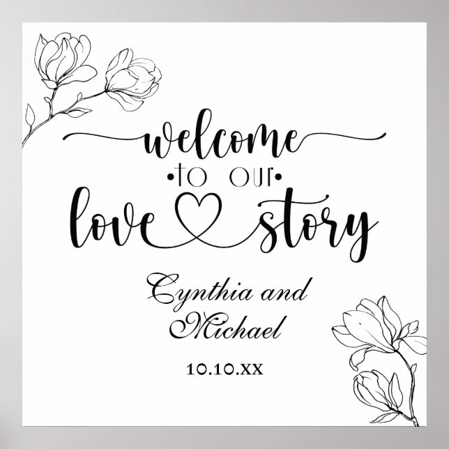Poster Bienvenue dans notre Love Story Magnolia Line Art (Devant)