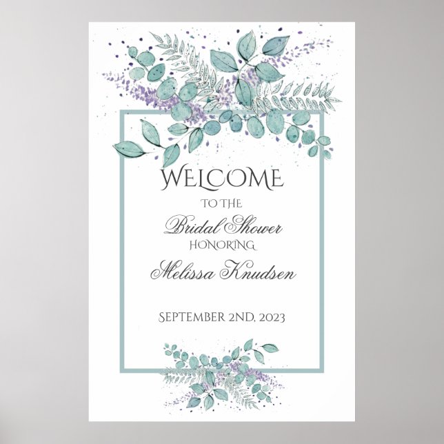 Poster Bienvenue de mariage à la feuille d'eucalyptus aqu (Devant)