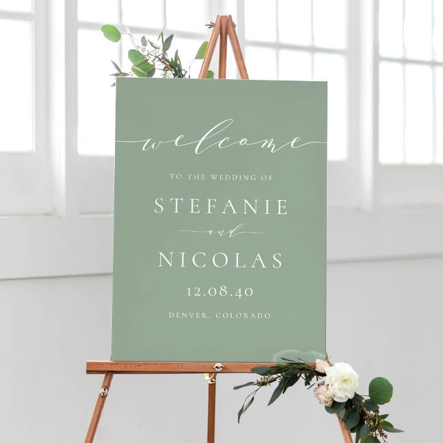 Poster Bienvenue de mariage à l'écriture délicate vert sa (Customizable sage green minimalist script wedding welcome sign)