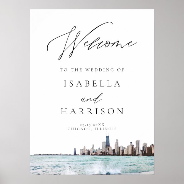 Poster Bienvenue de Watercolor Chicago Skyline Mariage (Devant)