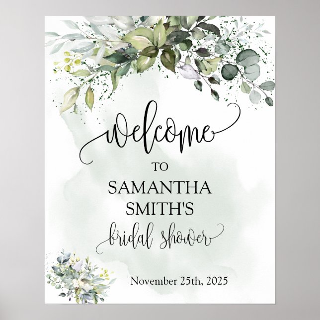 Poster Bienvenue douche nuptiale Eucalyptus succulent ver (Devant)