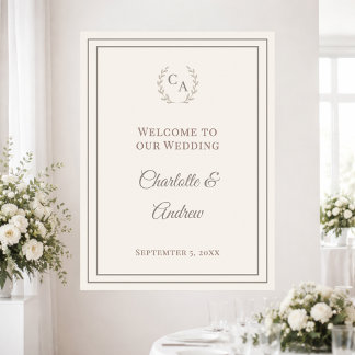 Poster Bienvenue élégante de mariage taupe ivoire monogra