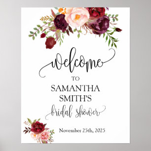 Poster Bienvenue enseigne de mariage floral marsala pour 